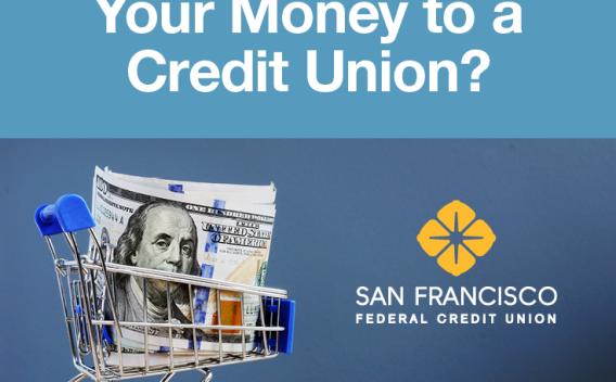 A tiny shopping cart with cash in it, placed on a table, and the image shows text: Why Move Your Money to a Credit Union?