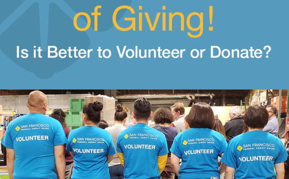 Several people in a warehouse and 5 are wearing blue shirts that say "Volunteer" and the image shows text: 'Tis the Season of Giving! Is it Better to Volunteer or Donate?