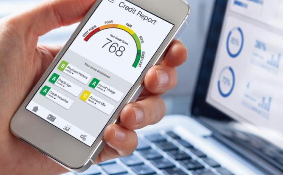 credit report with score rating app on smartphone screen
