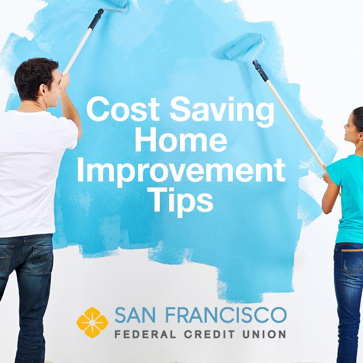 Two people painting a white wall blue, with this text displayed: Cost Saving Home Improvement Tips