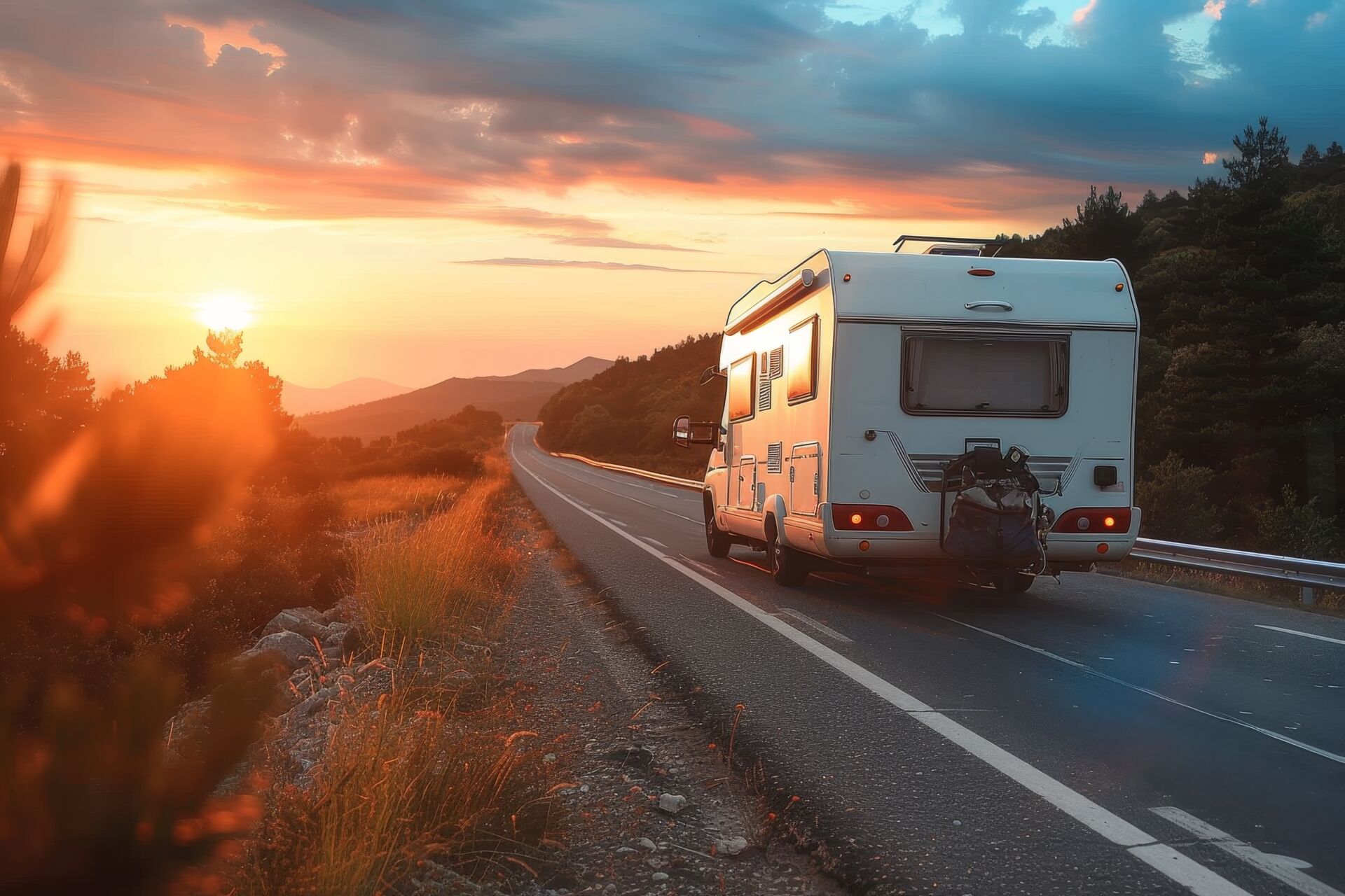 An RV driving into the sunset through a mountain range.